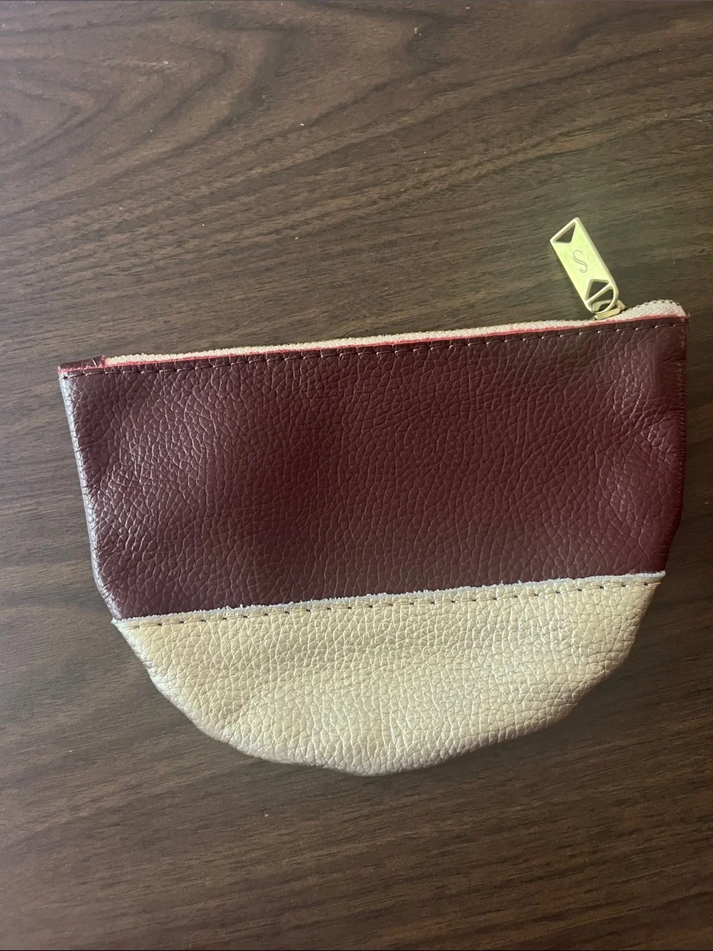 Sseko Two-Tone Leather Zip Pouch in Burgundy and Cream